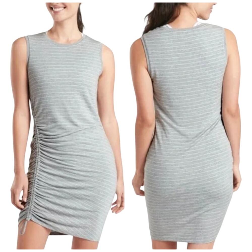 Athleta Grenada Go Stripe Dress Mini Ruched Sleeveless UPF 50 Gray White NEW M